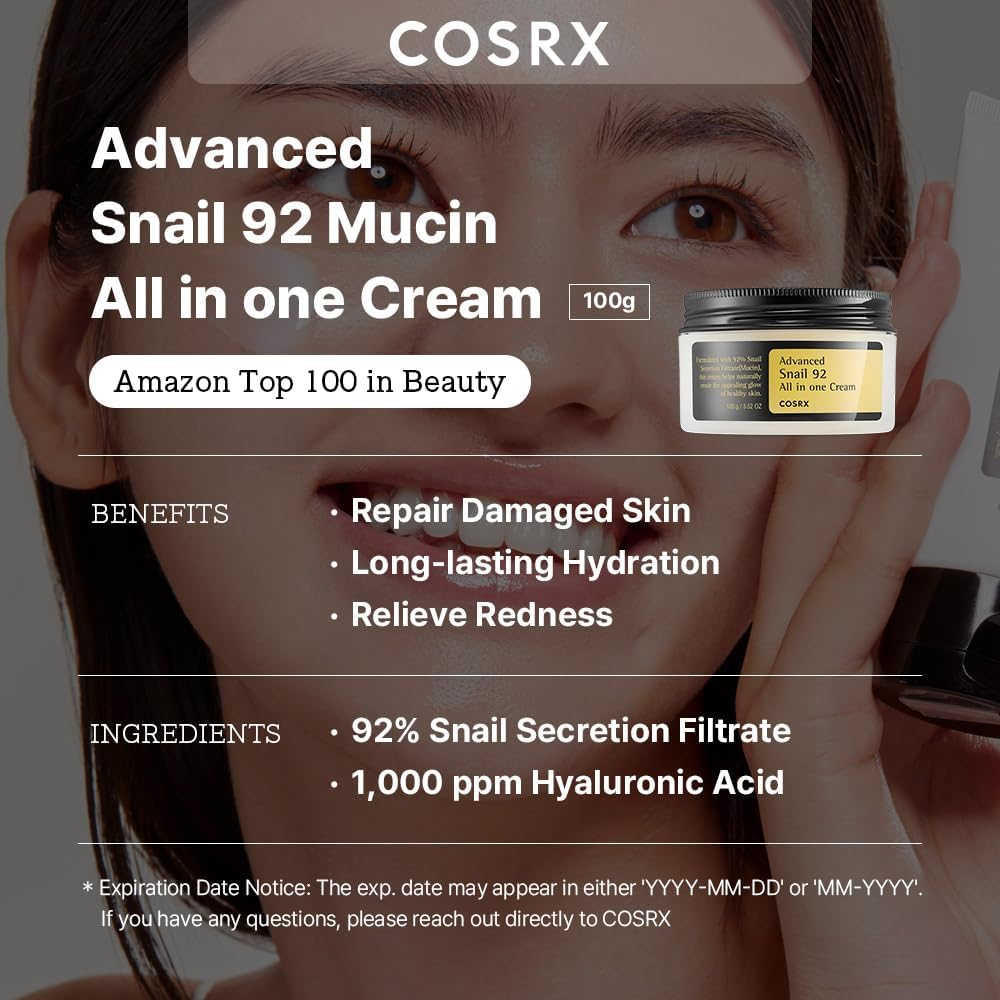 COSRX Snail Mucin 92% Repair Cream 100G, Daily Face Gel Moisturizer for Dry Skin, Acne-Prone, Sensitive Skin, t Tested on Animals, Parabens, Korean Skincare