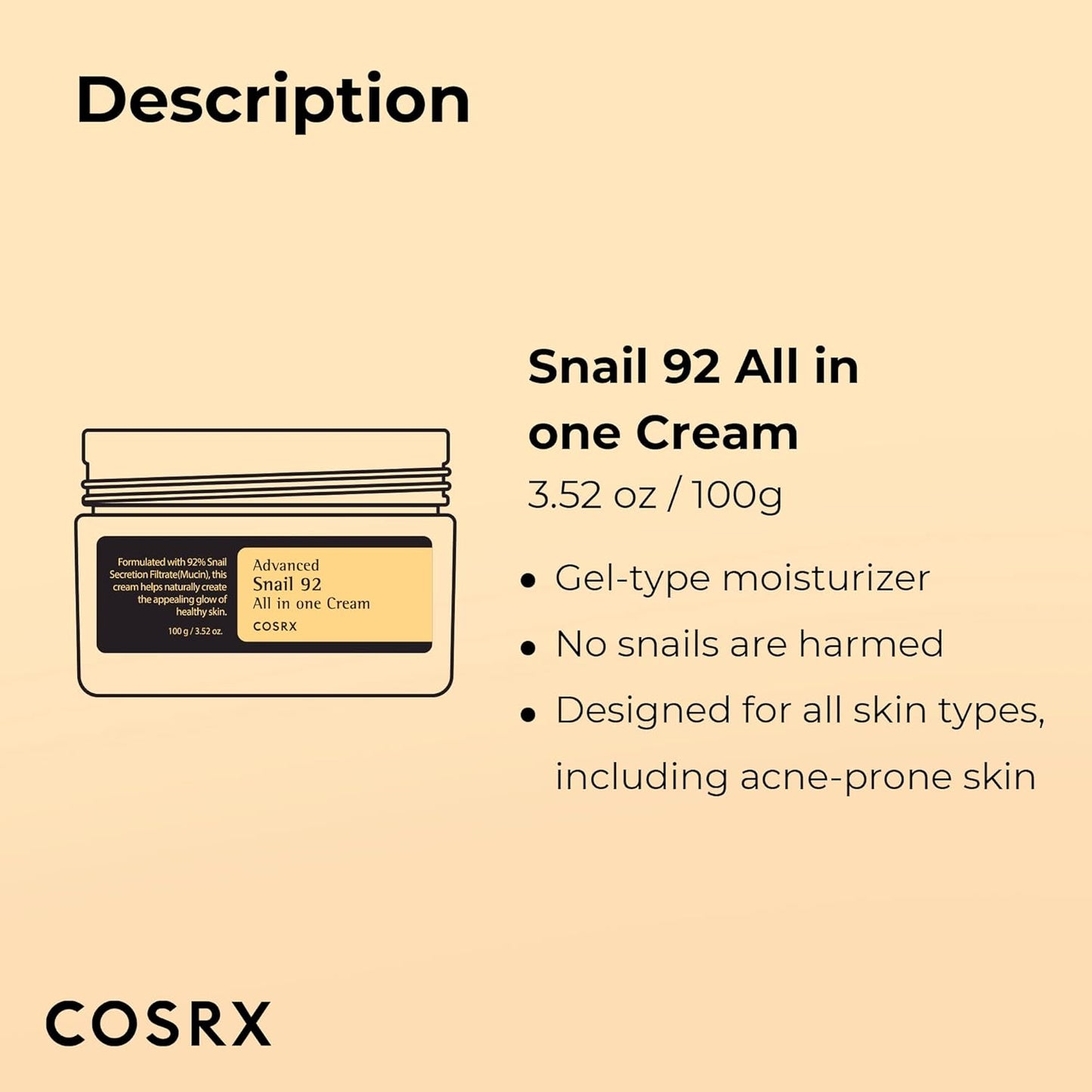 COSRX Snail Mucin 92% Repair Cream 100G, Daily Face Gel Moisturizer for Dry Skin, Acne-Prone, Sensitive Skin, t Tested on Animals, Parabens, Korean Skincare