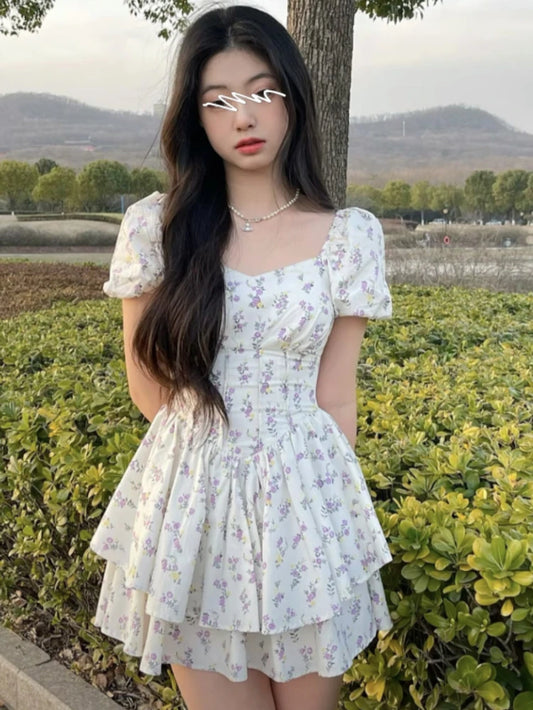 High Waist Dress Women Summer Floral Sweet Square Collar Puff Sleeve Princess Girlish Tender Elegant Korean Style Preppy Chic