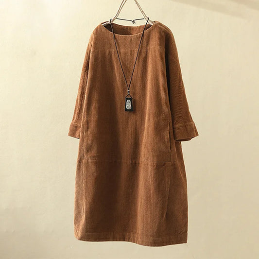 Autumn and Winter New Corduroy Fashionable Temperament Sexy Casual Solid Color Dress Loose Dress Women'S Clothing