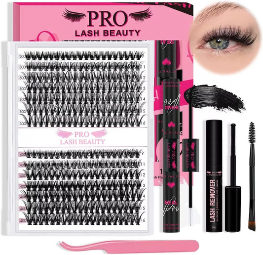 PRO DIY Lash Extension Kit 280Pcs Lash Clusters Kit Eyelash Extension Kit with Lash Bond and Seal Applicator Individual Lashes Kit Eyelash Brush Various Styles Easy to Apply at Home (30D+40D-9-16Mix)