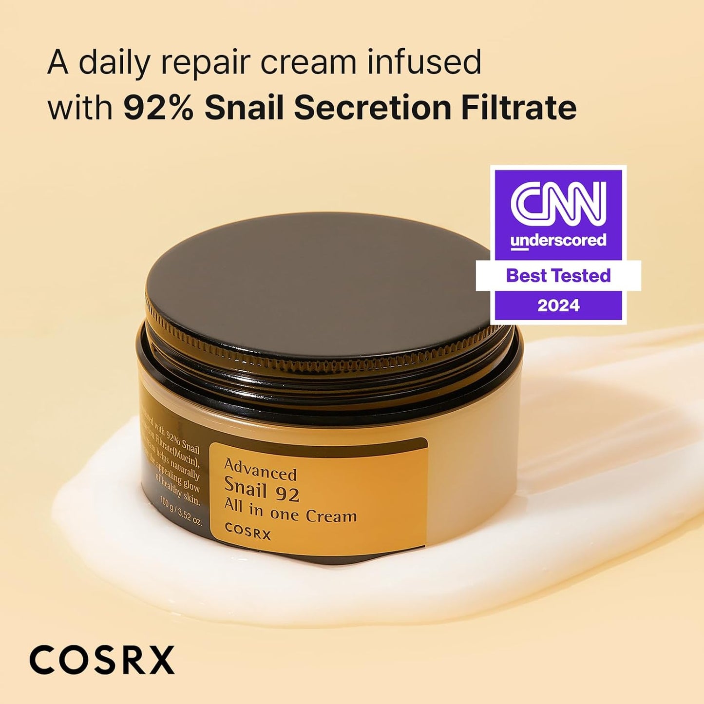 COSRX Snail Mucin 92% Repair Cream 100G, Daily Face Gel Moisturizer for Dry Skin, Acne-Prone, Sensitive Skin, t Tested on Animals,  Parabens, Korean Skincare