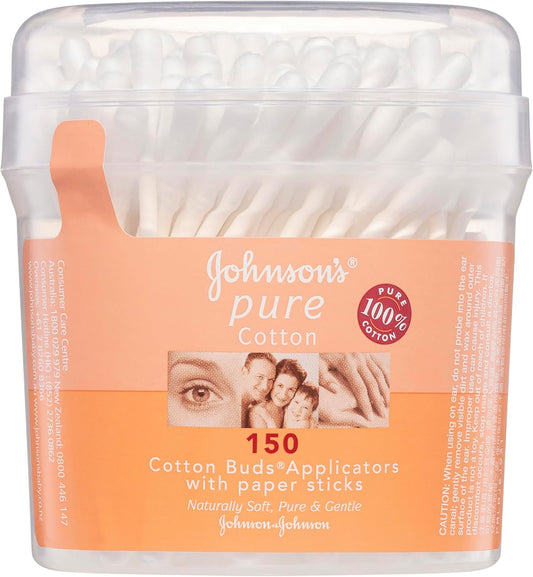 Johnson'S Pure Cotton Bud Applicators with Paper Sticks 150 Pack | Ideal for Cleaning Outer Ears| Nail Polish and Applying Eye Make-Up.